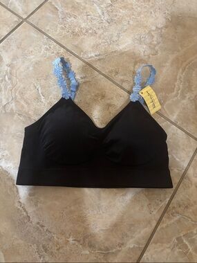 Black Seamless Bralette with Light Blue Lace Straps -